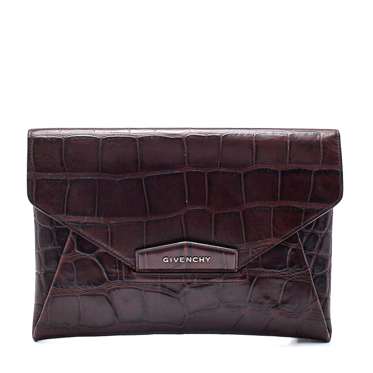 Givenchy - Dark Brown Exotic Print Embossed Leather Antigona Envelope Clutch